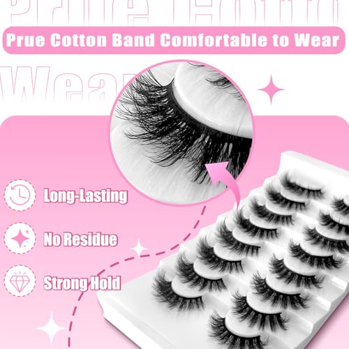8Pair 3D5D 0.55INCH Fluffy Natural Look Faux Mink Lashes Thick False Eyelashes Volume Cat Eye Lashes Extension with Dark Pink Box