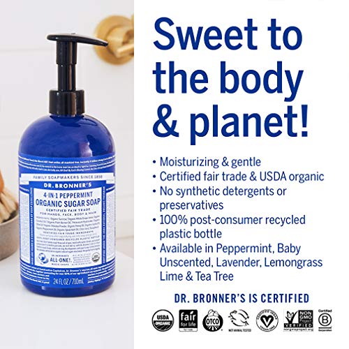 Dr. Bronner's - Organic Sugar Soap (Peppermint, 24 Ounce) - Made with Organic Oils, Sugar & Shikakai Powder, 4-in-1 Uses: Hands, Body, Face & Hair, Cleanses, Moisturizes & Nourishes, Vegan