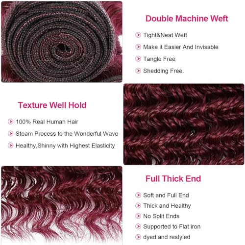 GtaiiReu 99J Wine Red Deep Wave Human Hair Bundles 22-26 Inch, Unprocessed Brazilian Virgin Extensions, 3 Pack