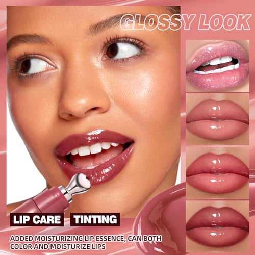 URQT Brightening Lip Serum, Hydrating Glossy Lip Oil with Metal Applicator, Plumping Moisturizing Lip Care Tint, Non-Sticky High Shine Lip Glow for Dry Lips (4PCS)