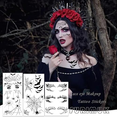 Halloween Face Temporary Tattoos - 12 Sheets Spider Web Skull Bat Eye Makeup