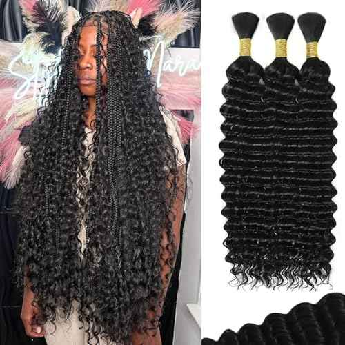 Human Braiding Hair 12A Deep Water Wave Bulk 150g 16 Inch Curly Human Hair for Boho Braids No Weft 3 Braids Per Pack Wet and Wavy Braiding Hair Natural Black