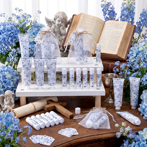 Loopeer 24 Sets Blue Floral Bridal Shower Hand Cream and Lip Balm Gift Bulk Blue Flower Wedding Favors Travel Size Hand Lotion and Lip Balm Wedding Bridal Baby Shower Party Supplies for Guests