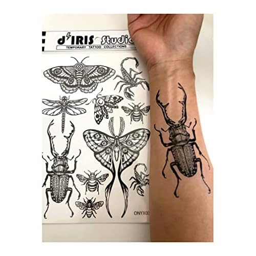 Temporary Tattoo for Adult Women - 2 Sheets - Black Big Moth Beetle Scorpion Dragonfly Bee Insect Sleeve Words Adults Tattoos