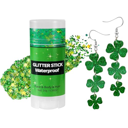 St Patrick's Day Accessories Set - Shamrock Earrings & Glitter Stick