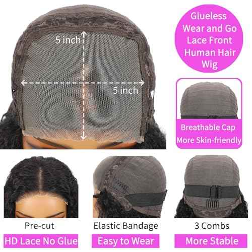 Water Wave Wear and Go Glueless Wigs Human Hair Pre Plucked Pre Cut 5 x 5 HD Lace Closure Wigs 200 Density Water Wave Lace Front Human Hair Wigs for Black Women Natural Black 18 Inch