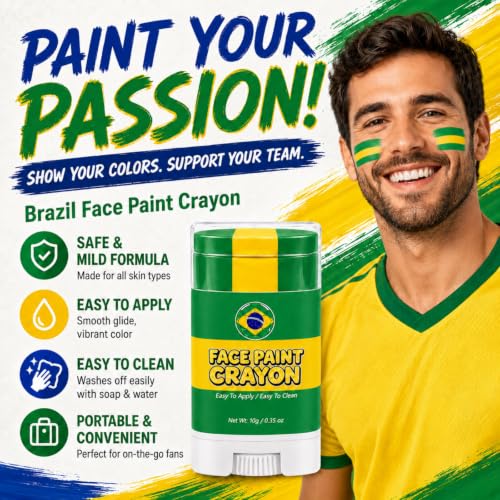 Brazil Face Paint Stick - 3-in-1 Flag Colors, Sweatproof