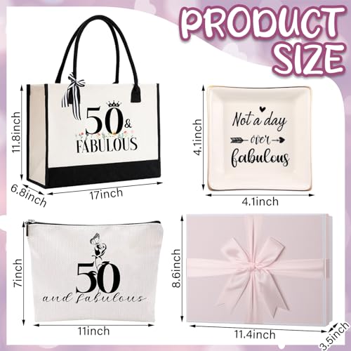 11 Pcs 50TH Birthday Gifts Sets for Her Include Tote Bag Makeup Bag Ring Tray Wine Tumbler Scented Candle Keychain Socks for Women Mom Wife Sister Coworker Happy 50 Birthday Valentines Gifts
