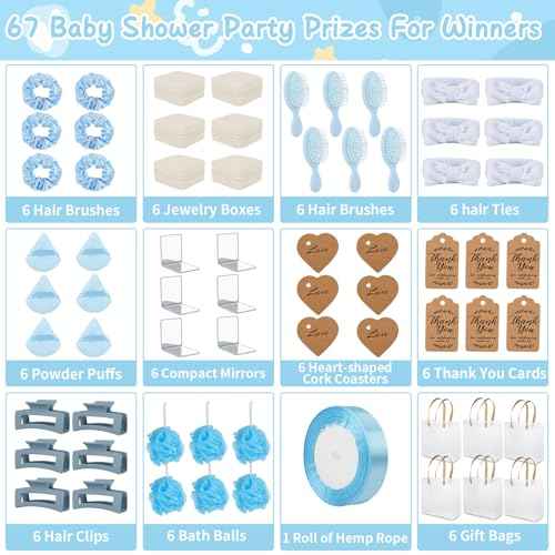 6 Sets Baby Shower Prizes for Game Winners Bath Sponges Heart Cork Coaster Headband Hair Brush Jewelry Box Compact Mirror Powder Puff Hair Tie Claw Gift Bag Bridal Shower