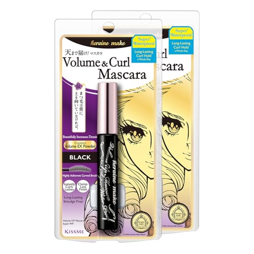 HEROINE MAKE by KISSME Volumizing Waterproof Mascara & Length by Defining Fiber for Long-lasting Natural Eyelash Look | Smudge Proof Mascara & Curvy Brush for Eye Makeup, from Japan, Black, 2 EA
