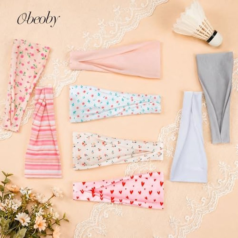 8 Pack Pink Floral & Stripe Headbands for Girls - Non-Slip