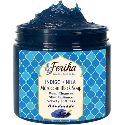 FERIHA Moroccan Indigo (Nila) Black Soap + Original Kessa Exfoliating Glove ? Traditional Hammam Duo for Deep Cleansing and Radiant Skin