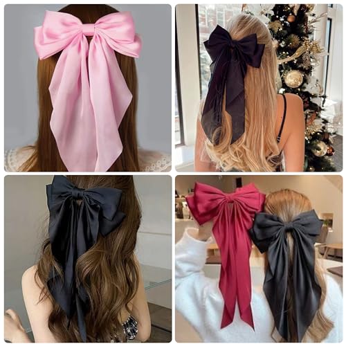 Large Bow Hair Clips with Bowknot Tassels: 3 Pcs Hair Barrettes for Women and Girls (Black, Pink, Beige)