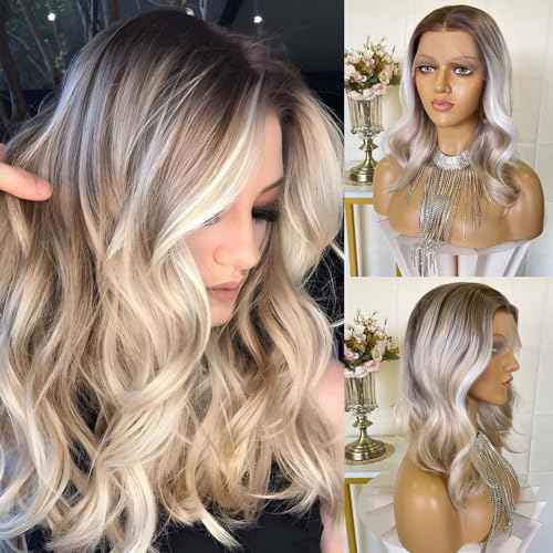 Short Ash Blonde Wigs Highlight Platinum Color Ombre Silver Hair Bob Style 13x4 Lace Front Wig 14Inch Pre Plucked for Women Girls