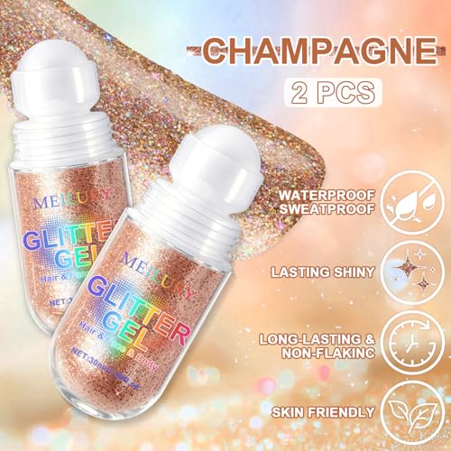 Meilury 2PCS Champagne Roll-On Body Glitter Gel - Holographic Chameleon Sequins for Face, Hair & Body