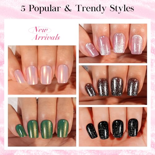 NEW Press on Nails Short 5 Styles, Jofay Fashion 120Pcs Salon-Like Fake Nails with Cat Eye | Glitter | Mermaid Chrome Nail Designs, Artificial Acrylic Nails Gel Glue on Nails Stick on Nails for Women