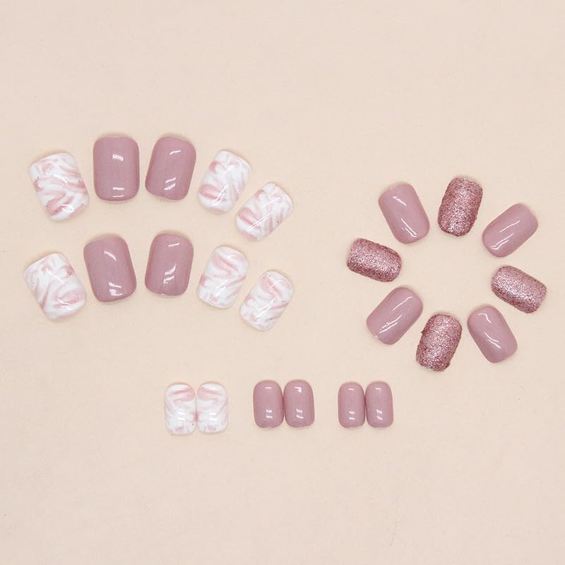 Extra Short Press on Nails Square Fake Nails with Glitter Pink White Designs Glossy Acrylic Glue on Nails Glossy False Nails Full Cover Stick on Nails Artificial Static Nails for Women 24Pcs