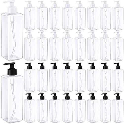 Zubebe 32 Pcs 16 oz Empty Plastic Pump Bottles Lotion Bottles with Black White Pumps Clear Square Lotion Dispenser Refillable Shampoo Container for Massage Oil Liquid Soap Face Cream Moisturizer