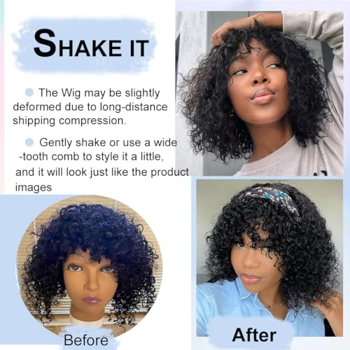Short Kinky Curly Bob Human Hair Wig with Bangs for Black Women