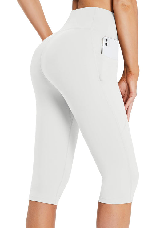 BALEAF Women's High Waisted Capris Casual Summer Knee Length Leggings Petite Yoga Casual Workout Exercise Capris with Pockets White XS