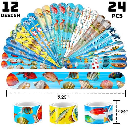72 PCS Fishing Party Favors - 48 Temporary Pre-Cut Tattoos & 24 Slap Bracelets - Party Favors for Boys & Girls, Birthday Goodie Bag Fillers, Baby Shower Gifts, Classroom Rewards