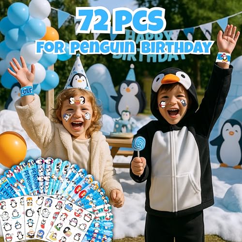 72PCS Penguin Party Favors | 48PCS Temporary Pre - cut Tattoos & 24PCS Slap Bracelets - Winter & Arctic-Themed Birthday Supplies, Baby Shower Gifts, Classroom Rewards & Party Decor for Kids