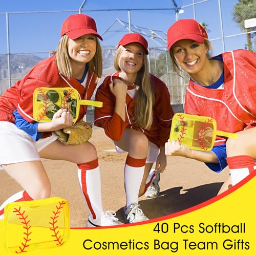 HOMIEE 40PCS Softball Cosmetic Bag, Clear PVC Makeup Bag Portable Toiletry Storage Case, Waterproof Travel Pouch Handbag Purses Organizer 8 x 6 x 2.4''