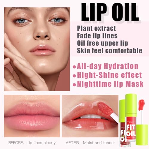 4 Colors Hydrating Lip Oil Set, Big Brush Head Moisturizing Lip Glow Oil, Shiny Moisturizing Lip Gloss, Nourishing & Non-Sticky Long Lasting Fresh Transparent Tinted Plumping Lip Oil (SetA)