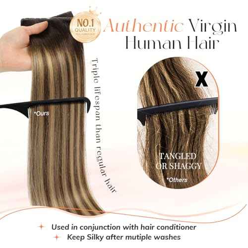 OVO Butterfly Weft Hair Extensions Human Hair Ombre Brown Highlight Dual-Sided Seamless Invisible Weave,Beaded Flat Weft Extensions, Soft & Natural Real Human Hair Extensions
