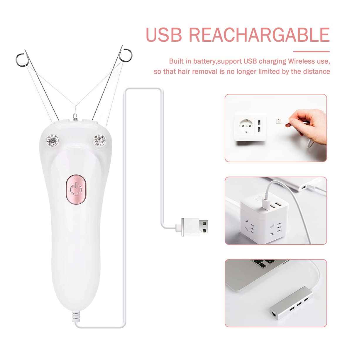 Facial Hair Remover, Electric Women Cordless Facial Threading Epilator Ladies Beauty Hair Remover USB Rechargeable Facial Trimmer Cotton Threading Hair Shaver