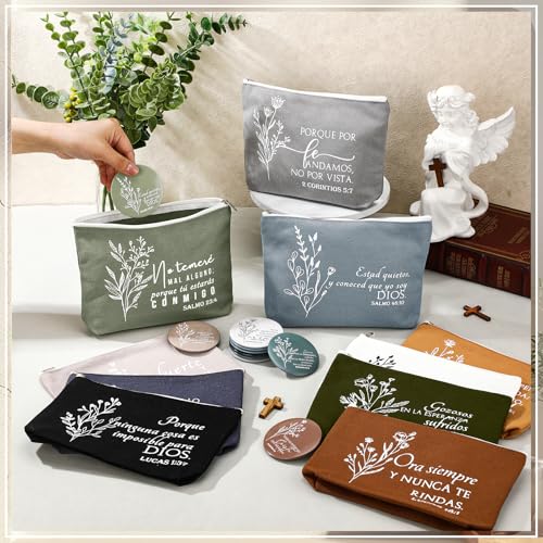Kacctyen Spanish Christian Easter Gifts for Women Bulk Bible Verse Makeup Bags Religious Gift Regalos Cristianos Para Mujer Canvas Pouch Compact Mirrors Mother's Day Church Gift(Boho Color,20 Sets)