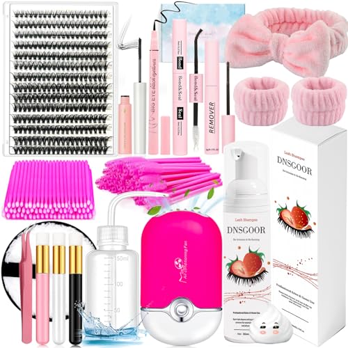 DIY Lash Extension Kit with 280 PCS 9-16mm 40D Lashes Clusters 200ml/6.7fl.oz Lash Cleanser Eyelash Shampoo Mini USB Portable Lash Fan Bond and Seal Remover Eyeliner Eyelid Cleaning Brush