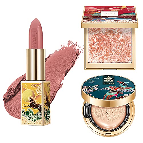 CATKIN 3Pcs Makeup Set Includes BB Cream Air Cushion Foundation C01, Matte Lipstick CO157 and Cheek Blush C04