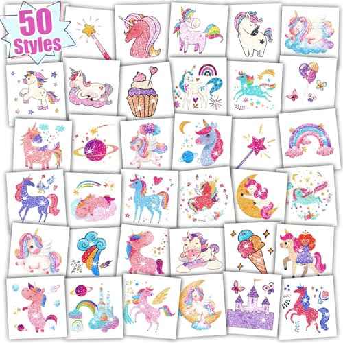 Partywind Glitter Temporary Tattoos for Kids Girls, Birthday Party Supplies Favors Decorations, Kids Goodie Bag Stuffers, Fake Tattoo Stickers for Back to School Party Games Prizes (50 Sheets)