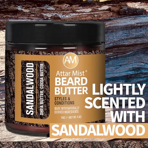 AM Beard Butter Beard Care - Sandalwood Long Lasting Styling and Hydration For a Working Man - Softens and Reduces Itch - Naturally Derived Shea Butter, Cocoa Butter, Coconut Beard Oil for men - 4oz