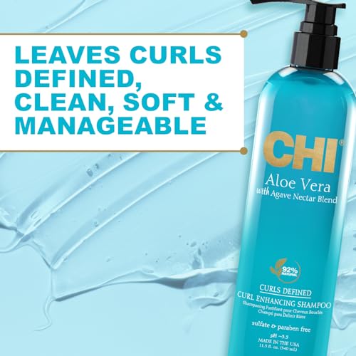 CHI Aloe Vera Curl Enhancing Shampoo, Gently Cleanses & Increases Moisture For Curly Hair, Sulfate, Paraben, & Cruelty-Free, 11.5 Oz