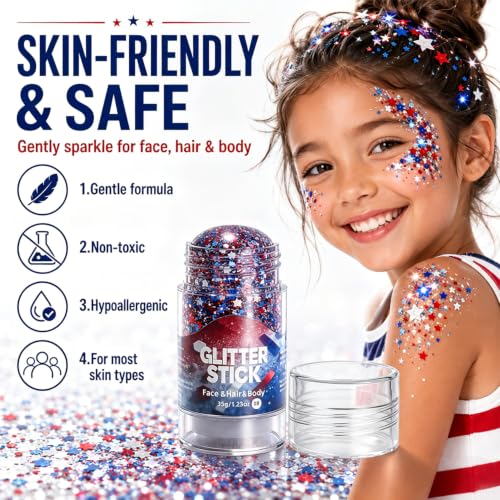 4th of July Red White Blue Glitter Stick, Patriotic Face & Body