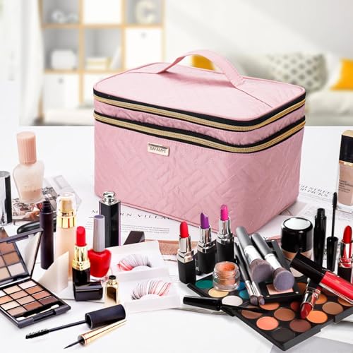 8.8L Double Layer Travel Makeup Bag With Mirror For Women, Large Cosmetic Case, Organizer for Travel-Size Accessories Bottles, Brushes,and Skin Care Products, 2.33 GAL, Pink