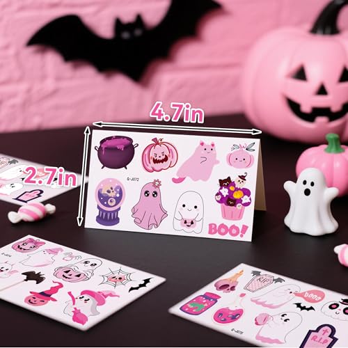 Halloween Temporary Tattoos for Kids - Pink Halloween Party Decorations, Trick or Treat Basket Stuffers, Boo Day Party Favors for Girls