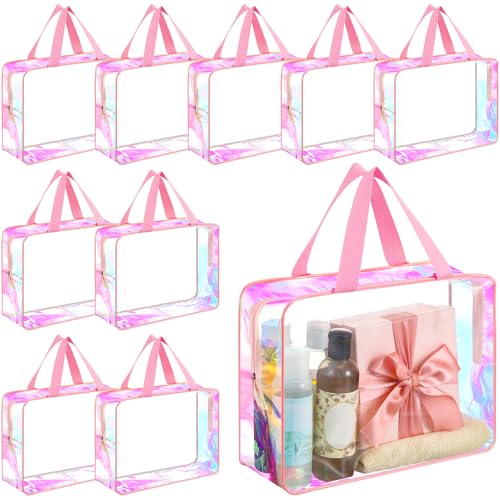 Sweetude 10 Pcs Large Clear Toiletry Bag Large Capacity Travel Iridescent Makeup Bag PVC Clear Plastic Tote Punch Cosmetic Clothes Organizer for Women Men(Pink)