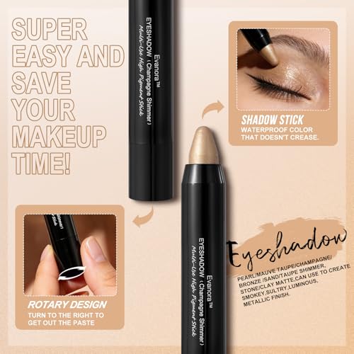 Evanora 8Color Eyeshadow Stick Set Matte Shimmer Eye Shadow Pencil Makeup Kit Silky Smooth, Waterproof, Transfer-Proof, All-Day Wear Matte & Shimmer Eye Makeup