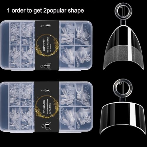 HWHUNO 480Pcs Short Almond & Tapered Square Nail Tips Set for Manicure