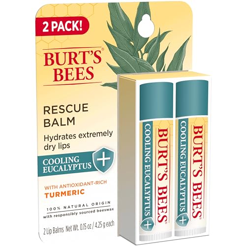 Burt's Bees 100% Natural Origin Rescue Lip Balm With Beeswax and Antioxidant-Rich Turmeric Promotes Healing Of Extremely Dry Lips, Cooling Eucalyptus, 2 Tubes in Blister Box(Pack May Vary)