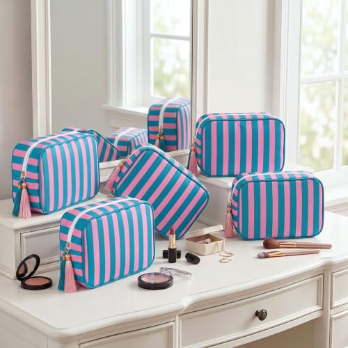 Kacctyen 6 Pack Striped Makeup Bag Tassel,Blue and Pink