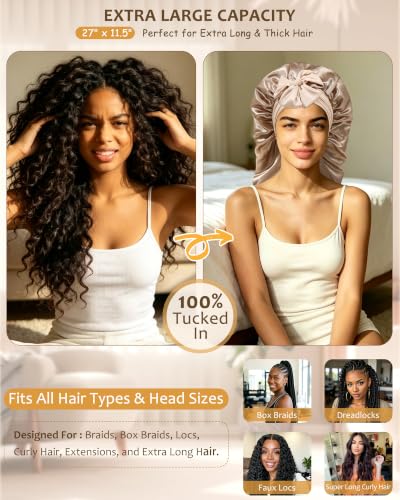 AWAYTR Long Satin Bonnet for Braids - Double Layer Sleep Cap, Champagne, One Size