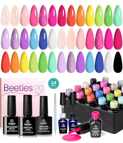 Beetles 24Pcs Gel Nail Polish Set with Base Gel Top Coat White Black Liner Gel Nail Art Brush, 2024 Summer Gel Polish Kit Neon Bright Blue Pink Purple Green Jelly Gel Polish Soak Off Uv Gel Nail Kit