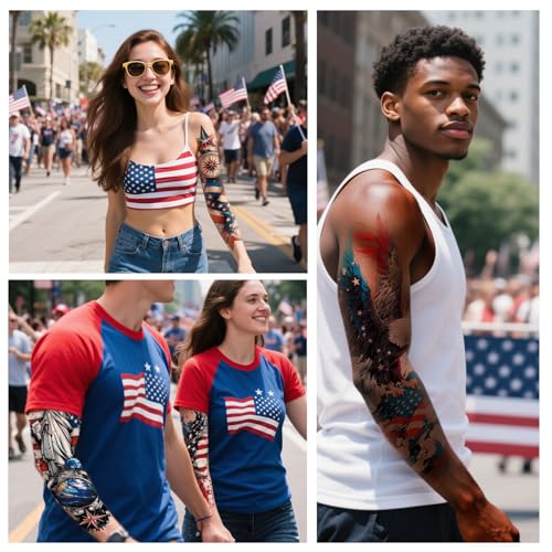 8 Sheets Independence Day Temporary Tattoo, 4th of July Patriotic Sleeve Tattoo, American Flag Fake Tattoos, Red White and Blue Party Supplies, Labor Day, Memorial Day, USA Flag