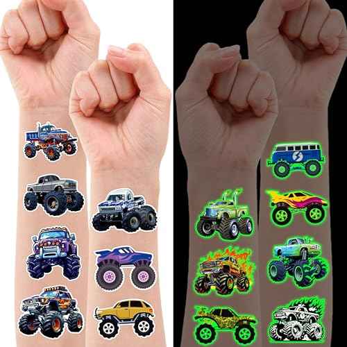 96PCS Monster Truck Pre-Cut Temporary Tattoos for Kids - Super Cute Birthday Party Supplies, Favors, and Decorations - Fake Tattoos Stickers for Boys, School Rewards, and Gifts (Luminous)