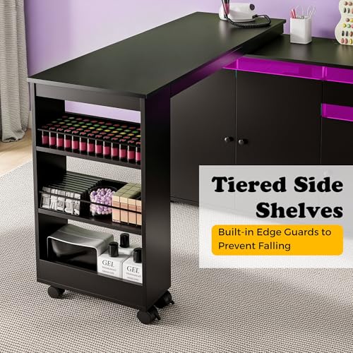 L-Shaped Manicure Table with LED Light, Storage & Rotating Desk