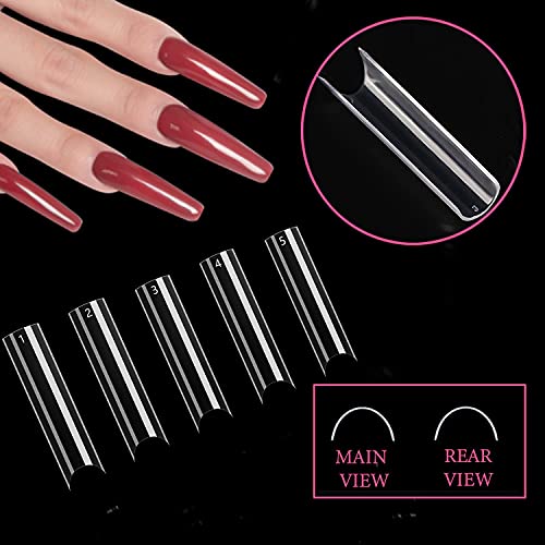 500 Pcs Clear Extra Long C Curve False Nail Tips,XXL Deep C Curve Acrylic Fake Nail Tips with Bag for Nail Salon and DIY, Extra Long French Nail Tips Half Cover Straight Square Nail Tips 10 Sizes